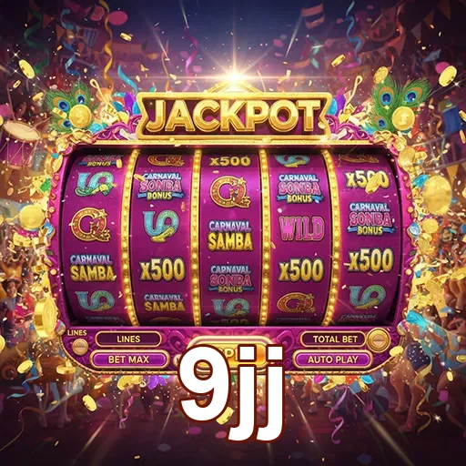 Imagem de uma slot machine temática de carnaval no site 9jj, destacando o jackpot festivo.